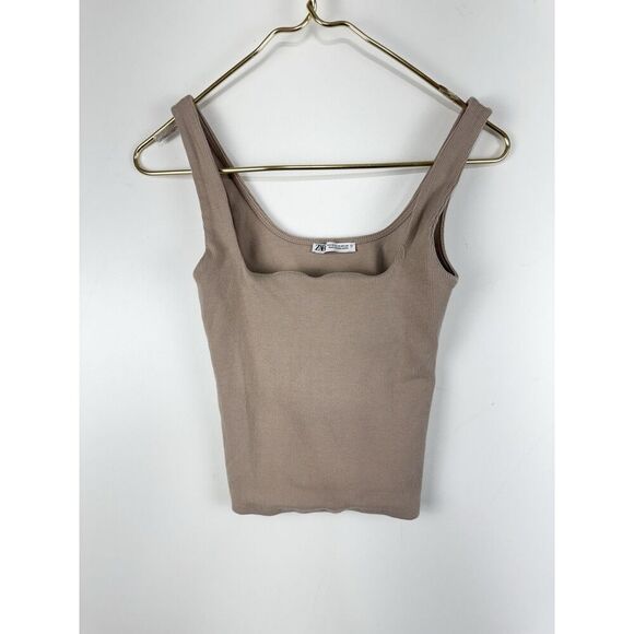 Zara Crop Size Medium Ribbed Tank Top Minimalist Square Neck - Picture 1 of 3